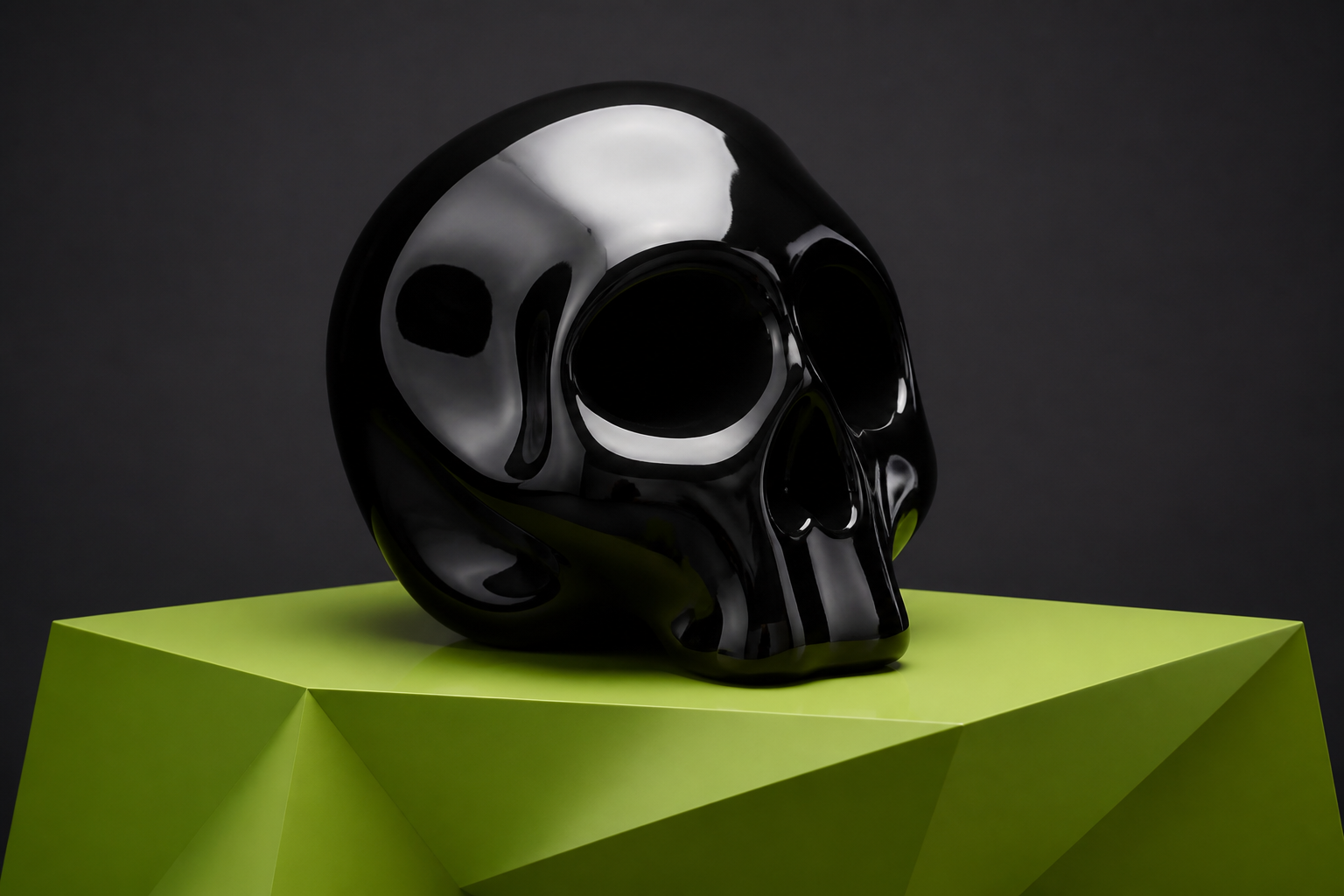 A bold black sculptural object displayed on a lime plinth
