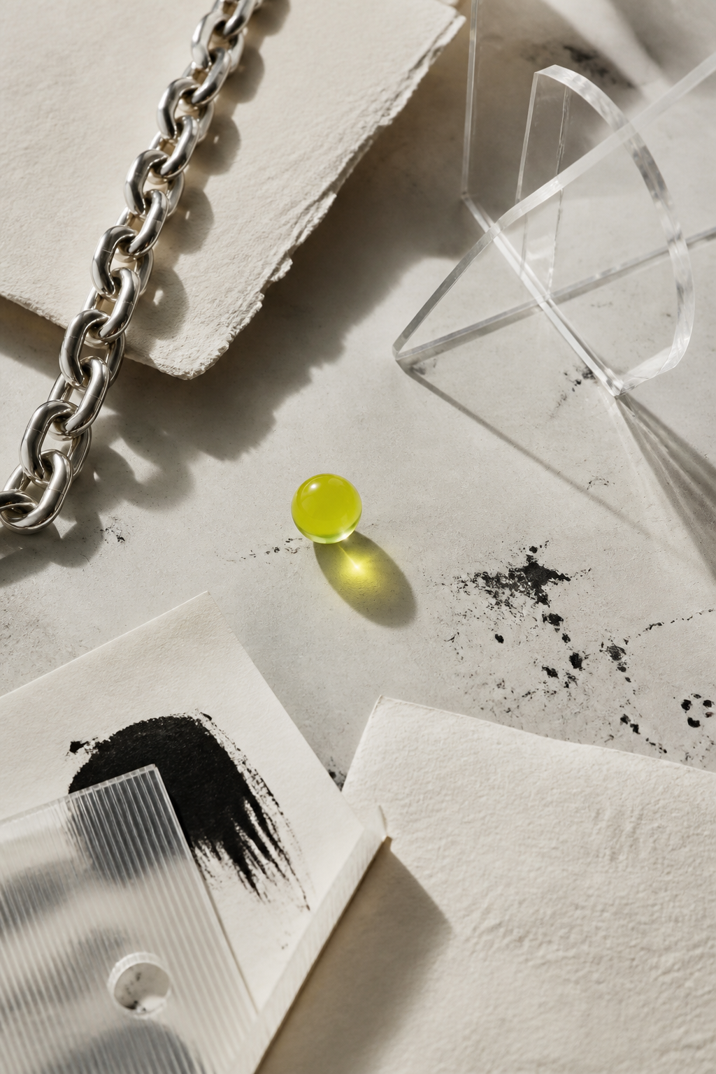 Creative studio materials arranged on a work table